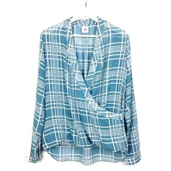 CAbi Windowpane Plaid Print Surplice Faux Wrap Blouse Blue/White #3068 Size XS - Picture 3 of 6
